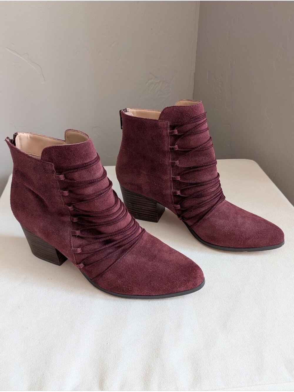 Sole Society Burgundy Cow Suede Lace-Wrap Ankle Boots Size 9